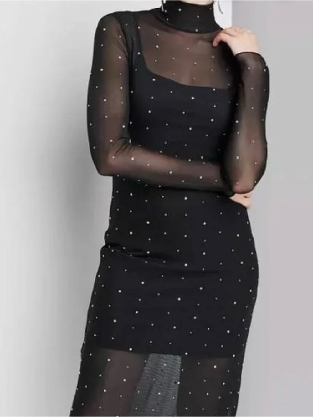 wild fable Black Sheer Rhinestone-Embellished Long Sleeve Midi Dress